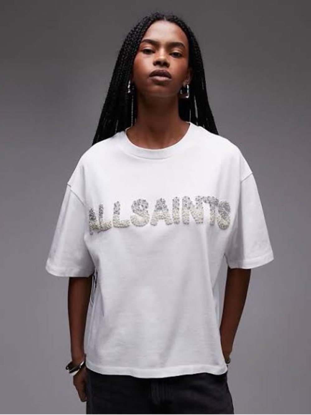 ALL SAINTS Embellished Logo Oversized Tee, White, size Medium